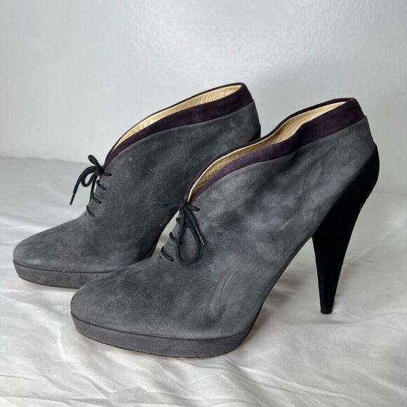 Prada Women's Gray Suede Lace-Up Booties Size 37.5 Italy High Heel Platform - Picture 4 of 10